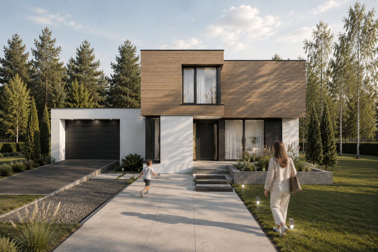 Minimalistyczna bryła domu projektowana przez Aluvia Home